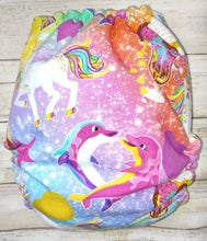 Load image into Gallery viewer, Bright Lisa Purple Yellow Dolphin OS Pocket Diaper